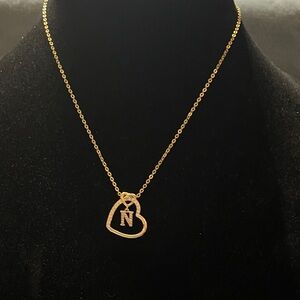 Gold Tone Heart Initial N Necklace